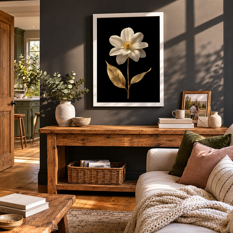 Golden Bloom Study Botanical - Framed Print, Walnut, A3 - 42.0 x 29.7 cm