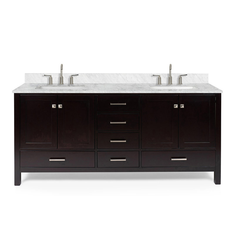Flynt 67'' Double Bathroom Vanity with Carrara Marble Top, Midnight Blue, Oval, 73" W