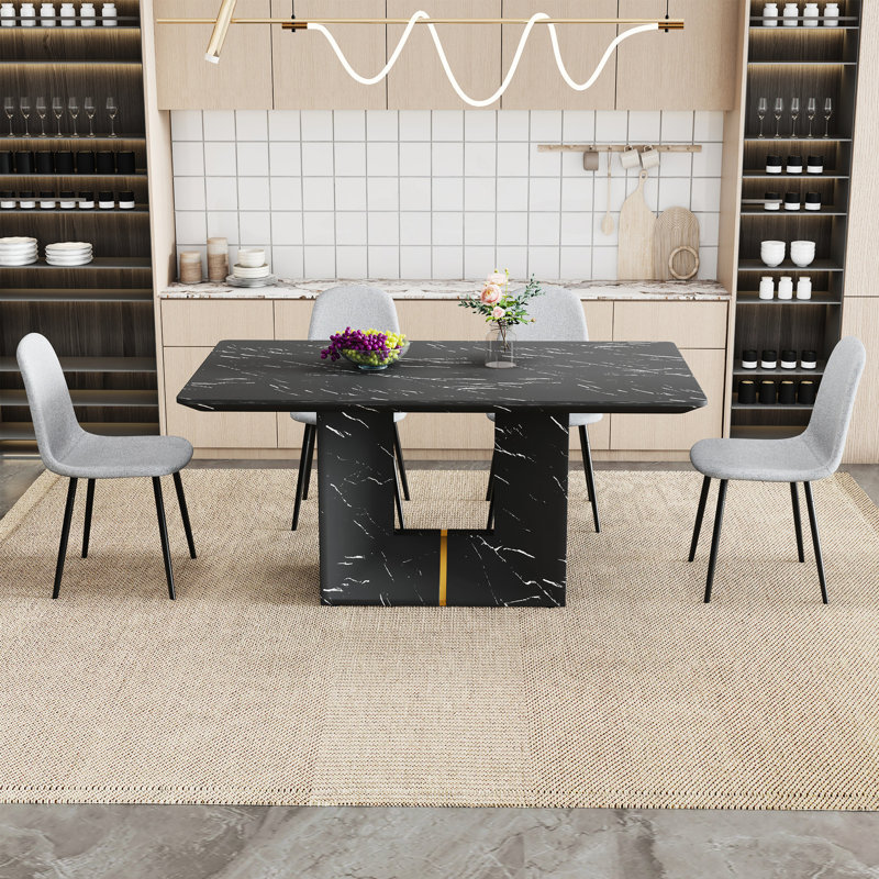 63"x35.4" Black Marble Pattern Dining Table With 4 Gray Linen Fabric Chairs - Spacious & Elegant Modern Space Utilization