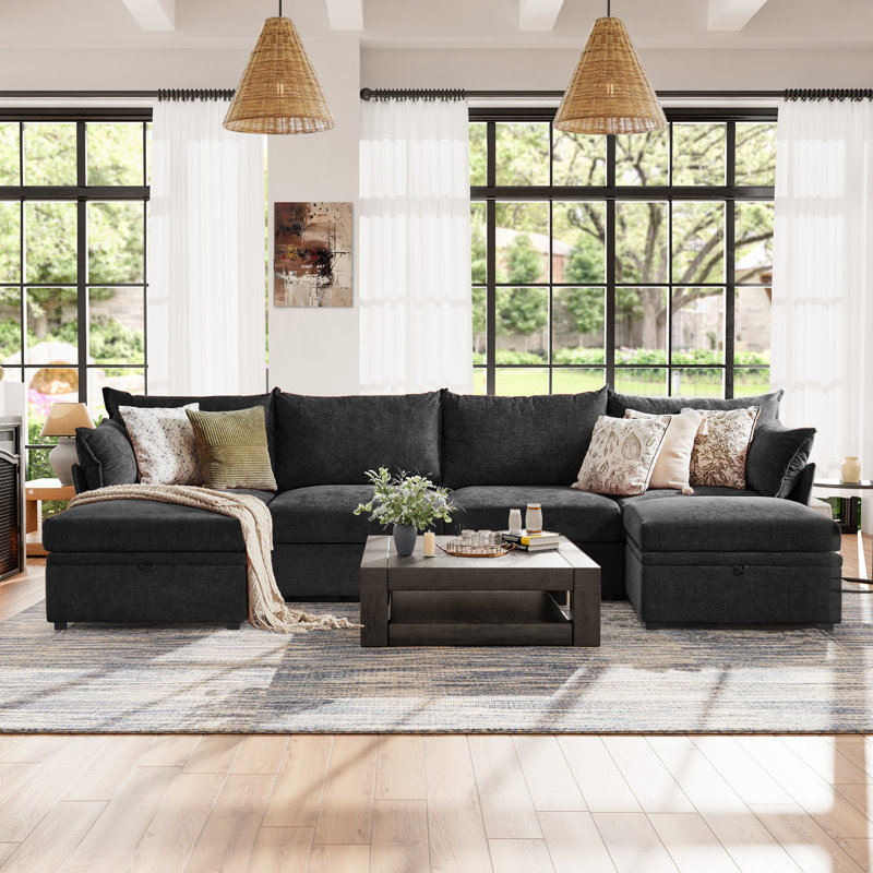 Canapé modulaire réversible moderne avec repose-pieds Petal Sofa, Noir, H 37 po x l 134,6 po x P 67,5 po