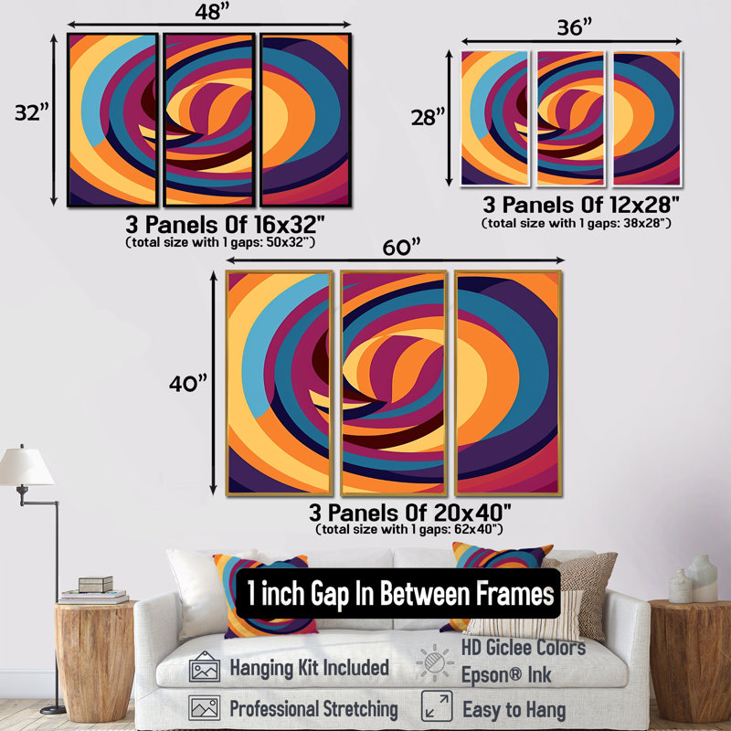 Ensemble de salon Cyerra - Art mural abstrait en spirale, Cadre flottant doré, H 40 po x l 60 po x P 1 po