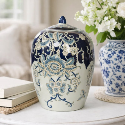 Botanical Ginger Jar With Lid, Blue White Floral Motifs, 11 Inch