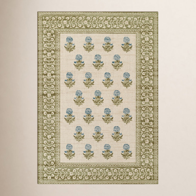 Anders Traditional Floral Wool and Nylon Green Area Rug, Rectangle 5'3" x 7'6"
