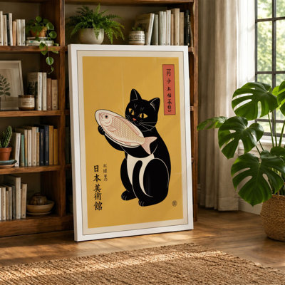 Cat with Fish Japandi - Wrapped Canvas