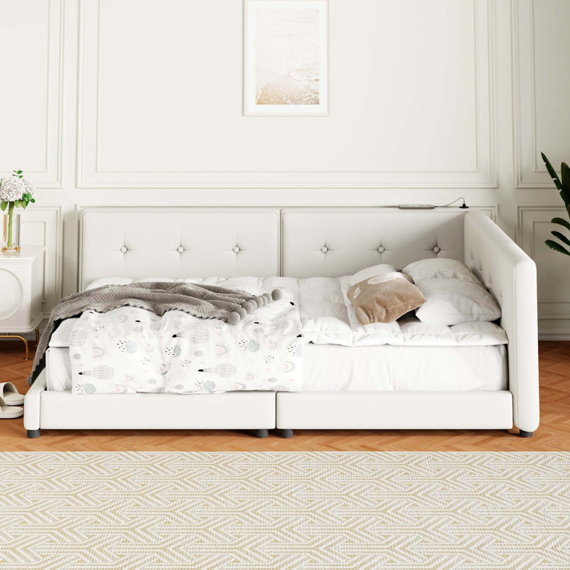 Lit plateforme tapissier grand avec ports USB intégrés, beige