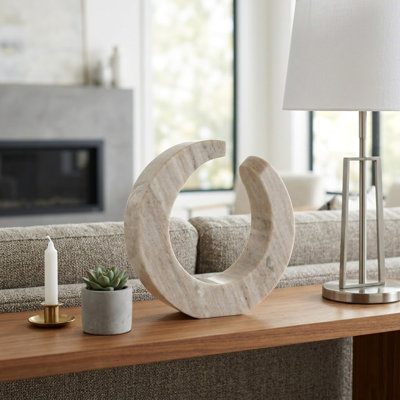 Polished Circular Marble Sculpture Statue for Living Room Decoration - Modern Decorative Objects for Home Decor Accents - 10", Tan