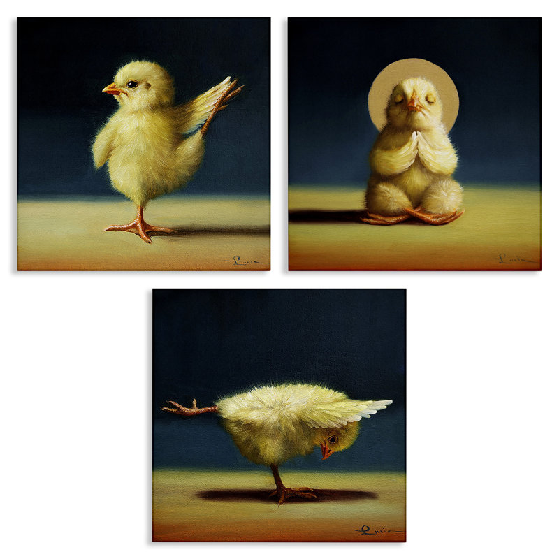 Yoga Chick Trio, animaux de la ferme amusants, étirant des poses, 3 pièces, H 17 po x l 17 po, Estampe numérique Farmhouse