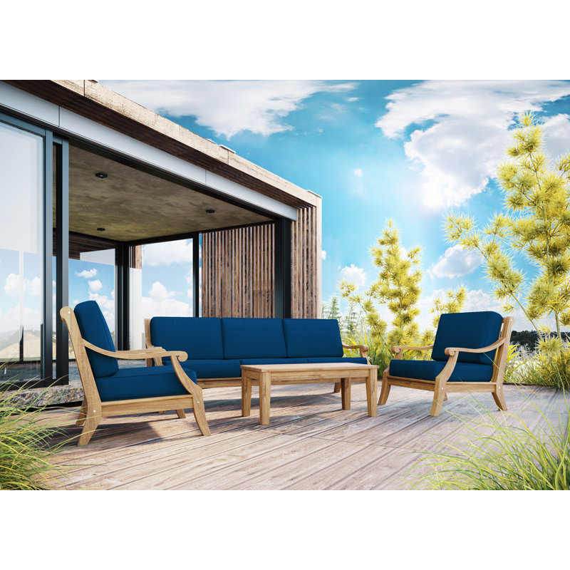 Adrien 4-Piece Teak Outdoor Patio Set with Navy Cushions