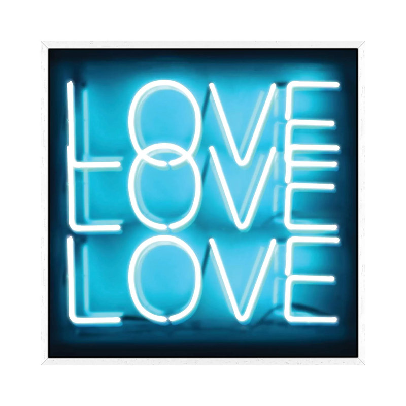 Neon Love Love Love Aqua On Black by Hailey Carr - Print on Canvas, White Framed, 45.72 cm H x 45.72 cm W