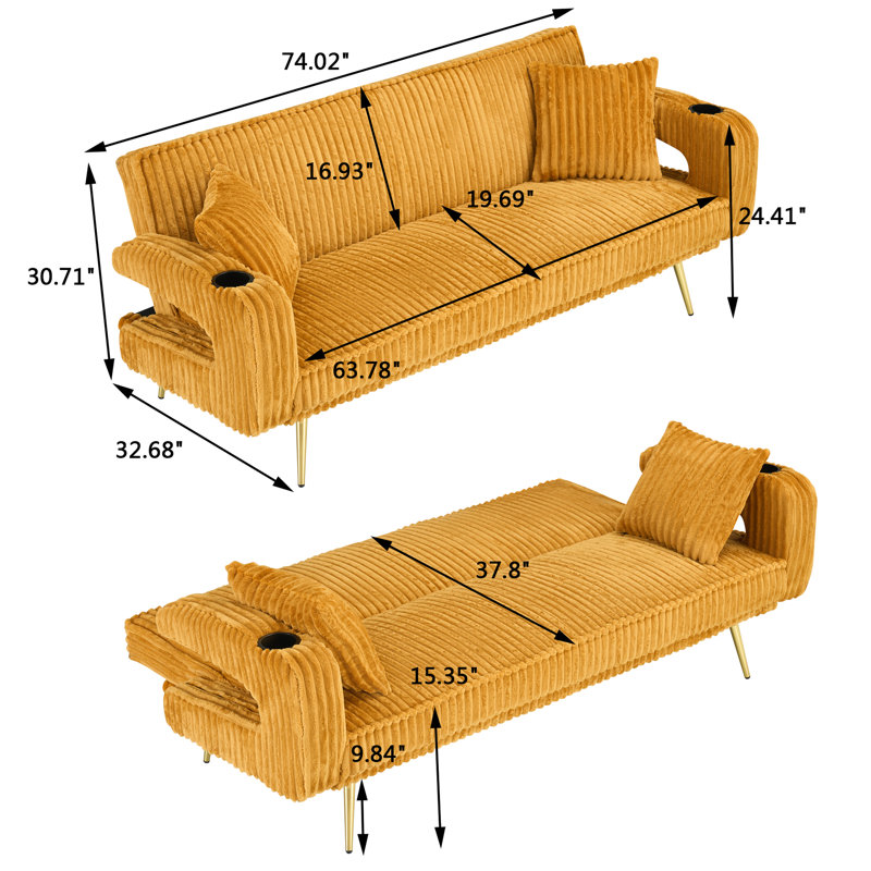 74.01" Corduroy Sofa with 3-position Adjustable Backrest, Cup Holders on Armrests and 2 Throw Pillows, Orange Corduroy