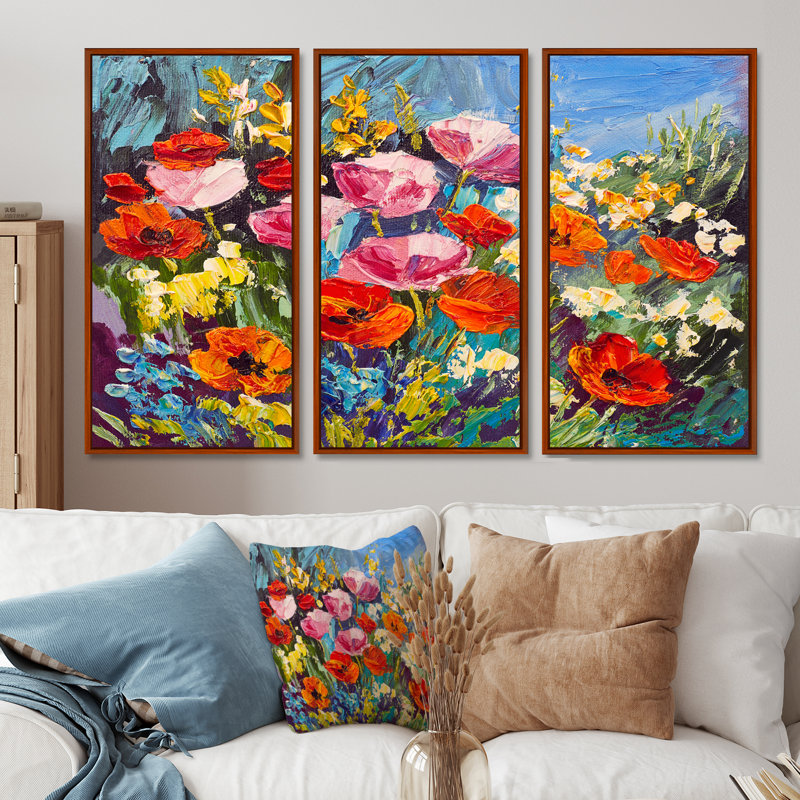 Fleurs printanières colorées - ensemble d'art mural sur toile traditionnel encadré de 3, H 28 po x l 36 po, Brown
