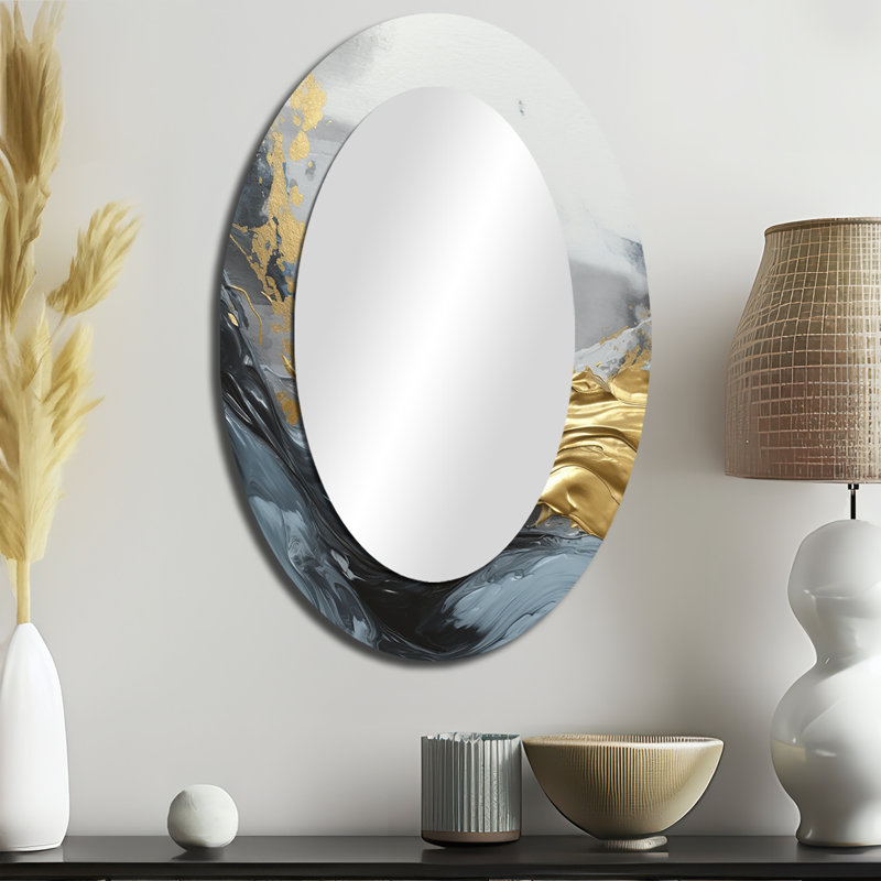 Abstraction contemplative grise et dorée - Grand miroir mural ovale sur métal, 36 po x 24 po