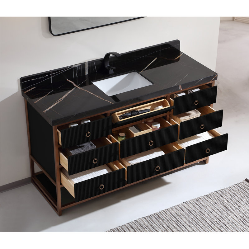 60" Freestanding Standard Bathroom Vanity with Top, Black