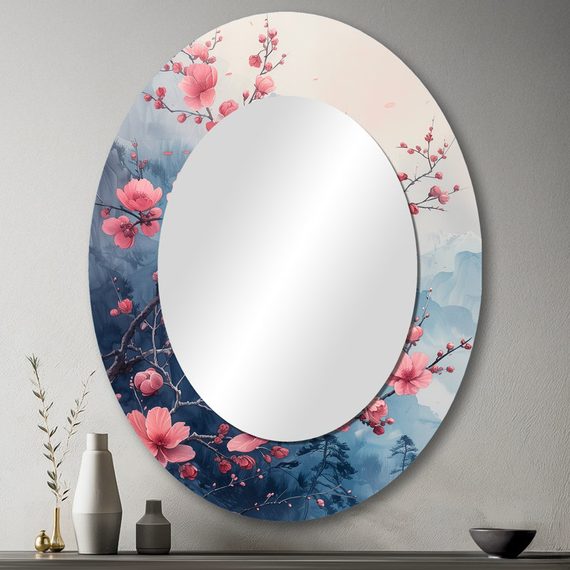 Pink Grey Cherry Blossomgarden Of Dreams - Large Oval Wall Mirror On Metal, 43" x 33"