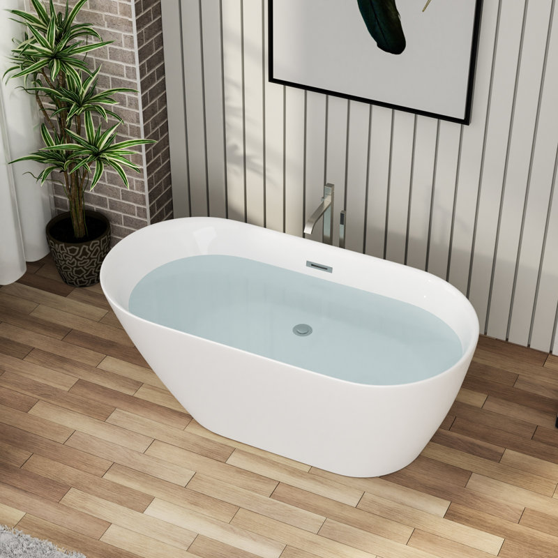 Freestanding Soaking Acrylic Bathtub with Pop Up Drain and Overflow Hole, 22" H x 29.5" W x 59" L, Centre-Back