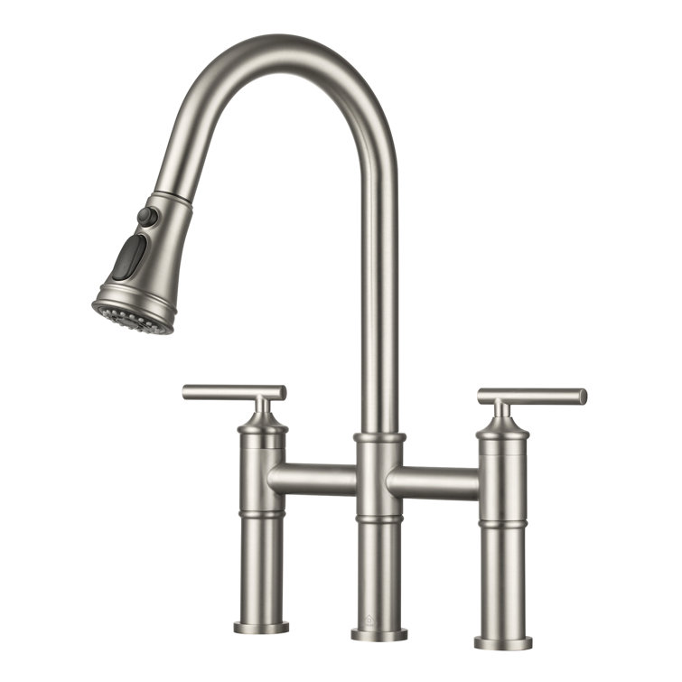 Sleek 2-Handle Bridge Kitchen Faucet with Three Function Pull-Down Sprayhead