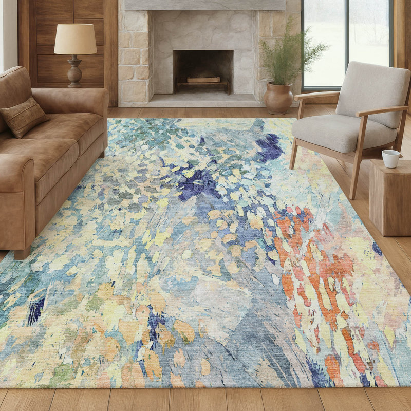 Tapis moderne lavable à la machine intérieur / extérieur ACN2736, Bleu, 10 pi x 14 pi