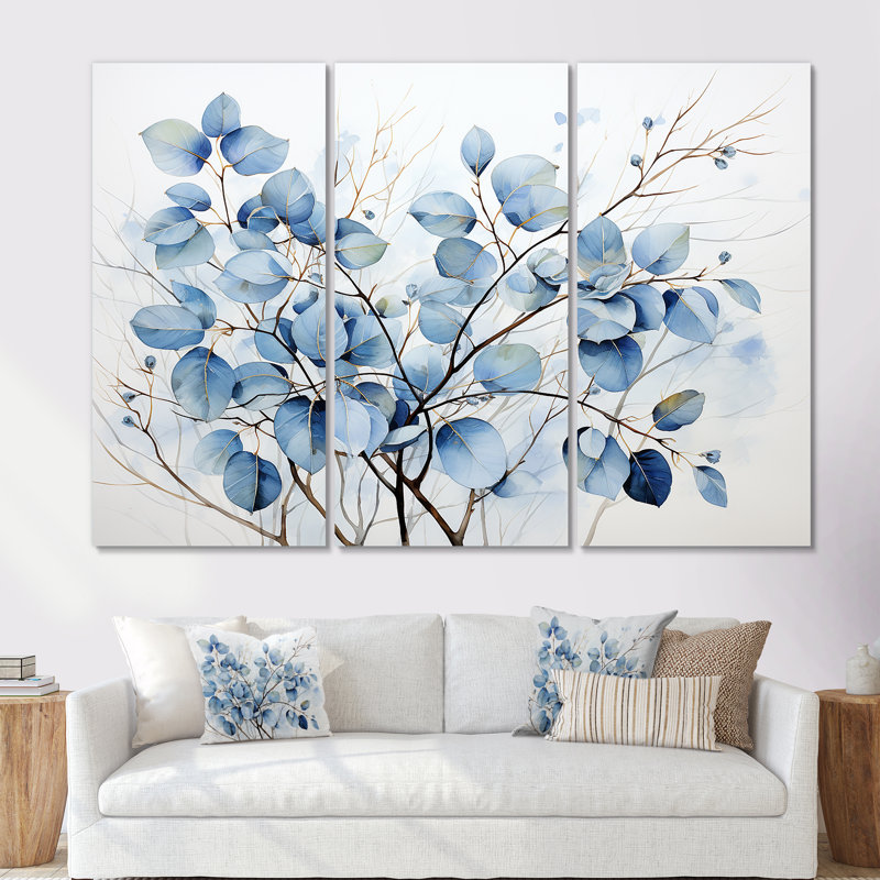 «Blue On», Leaves on Branch III - feuilles, ensemble d'art sur toile, H 28 po x l 36 po x P 1 po, Toile tendue