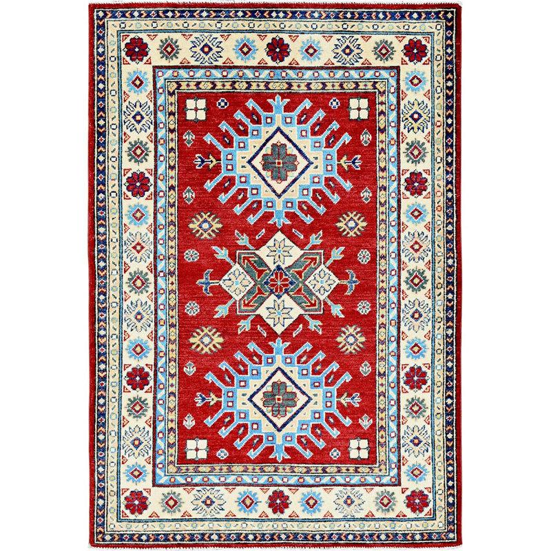 Tapis baie rouge 3 pi 5 po x 5 pi, Kazak avec motif géométrique, noué à la main, tissage plus dense, laine pure, colorants végétaux, tapis oriental