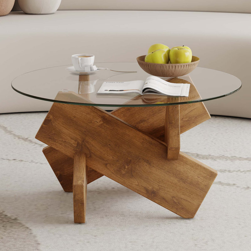 Table basse ronde en verre, table basse unique au design moderne, idéale pour les salons et les salles à manger, Naturel