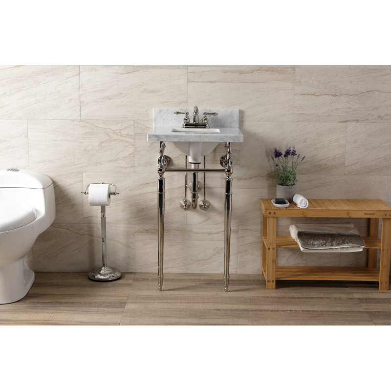 Lavabo de salle de bain rectangulaire avec trop-plein Edwardian, Blanc marbre / nickel poli