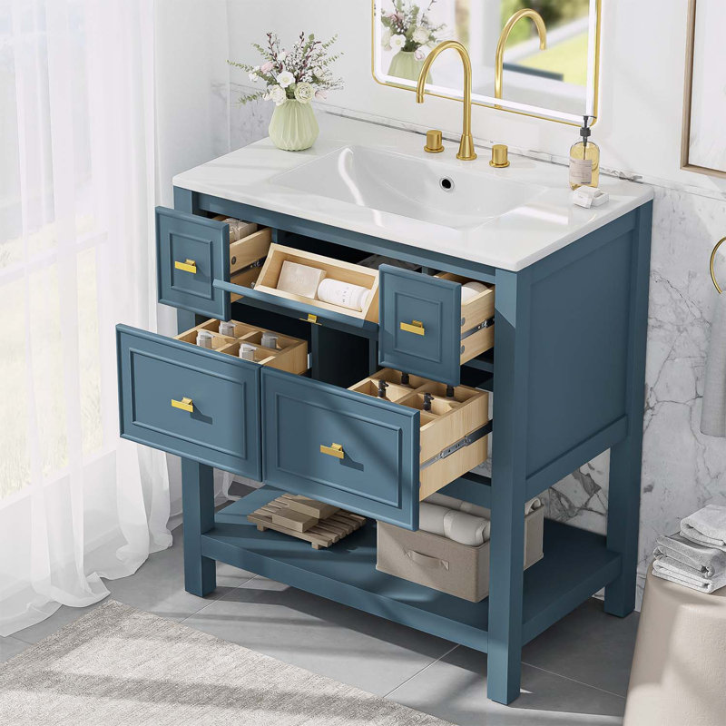 30'' Bathroom Vanity with Ceramic Sink Combo, Blue