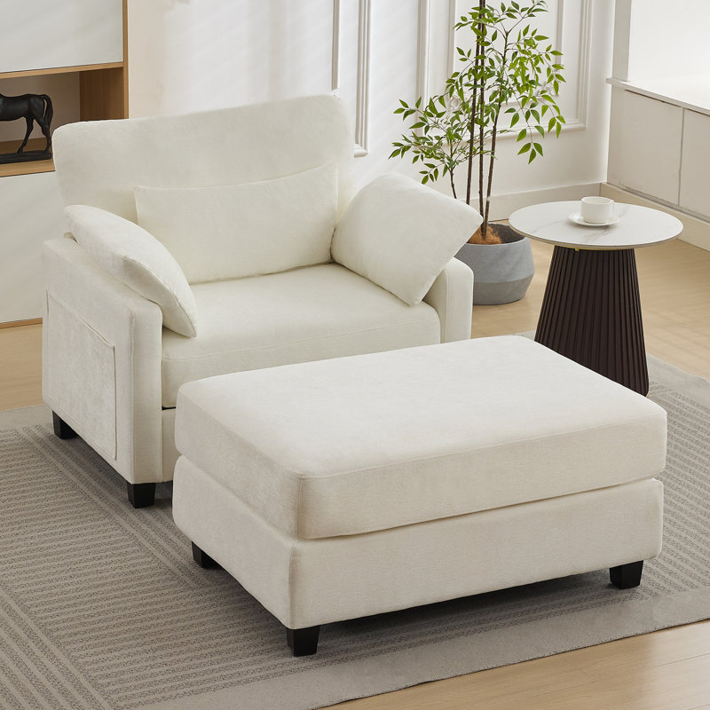 37.8" W Upholstered Chenille Armchair with Ottoman, White Chenille