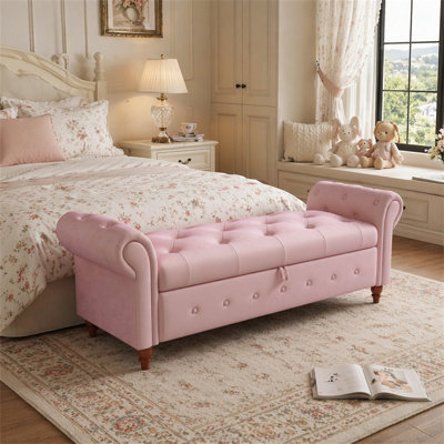 Banc de lit en velours rose