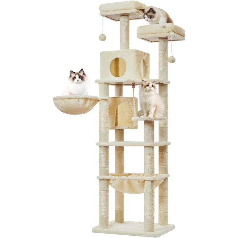 Arbre à chat pour chat, peluche pour chat à plusieurs niveaux avec 12 poteaux à griffer, 2 perchoirs, 2 grottes, hamac, 2 pompons, tableau à gratter pour chats d'intérieur - MS023LM beige