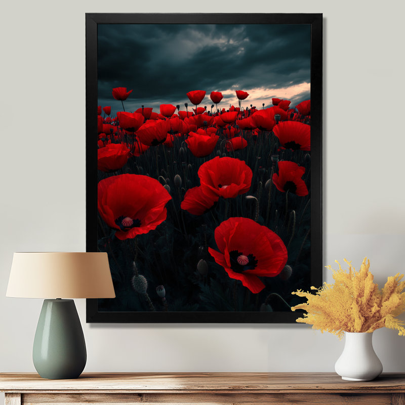 Champ de coquelicots au coucher du soleil sur Deepmoody II - Tableau encadré de coquelicots, H 44 po x l 34 po