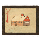 Antique Hooked Rug In Beige-Cream With House Pictorial - Rug & Kilim