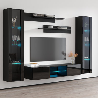 Floating 100" Modern Entertainment Center with 16-Color LED Lighting, High Gloss Finish