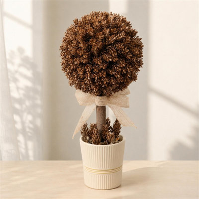 Arbre topiaire artificiel en forme de boule de pin 16,5 pouces, plante d'automne artificielle en pot côtelé blanc et nœud décoratif pour le décor de table d'intérieur