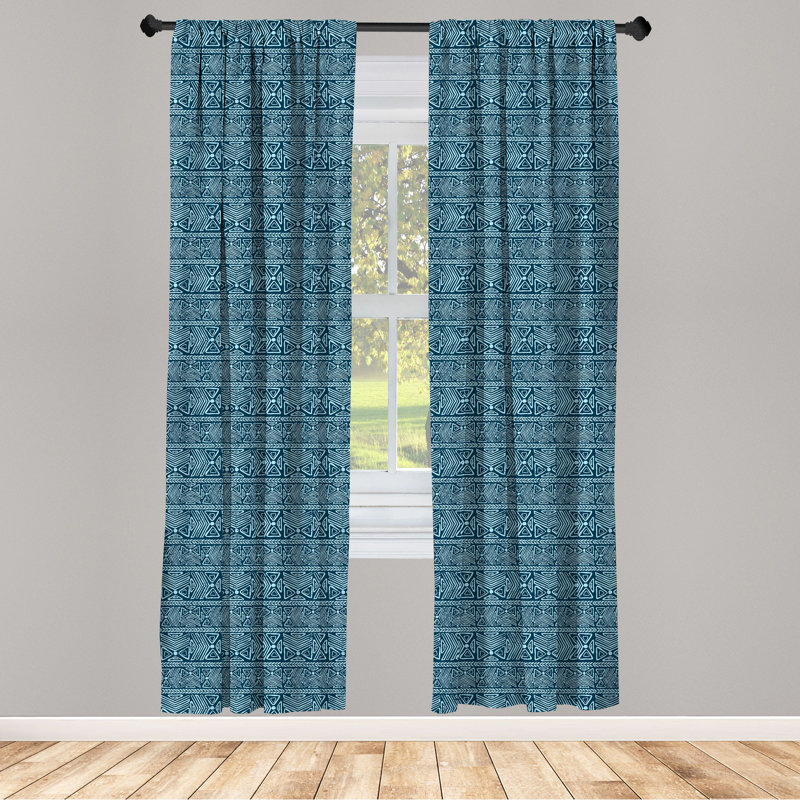 Petrol Blue Geometric Print Rod Pocket Curtain Panels, 28"x84"