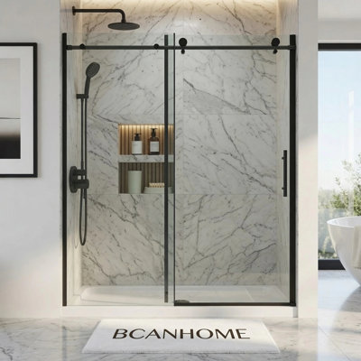 BCANHOME 56–60"W x 76"H Frameless Sliding Shower Door–10 mm (3/8") Tempered Glass | Stainless Steel Anti-Rust Hardware | Explosion-Proof Film, Easy-Clean Design, Smooth Sliding Performance | Clear & Stylish, Sturdy & Durable