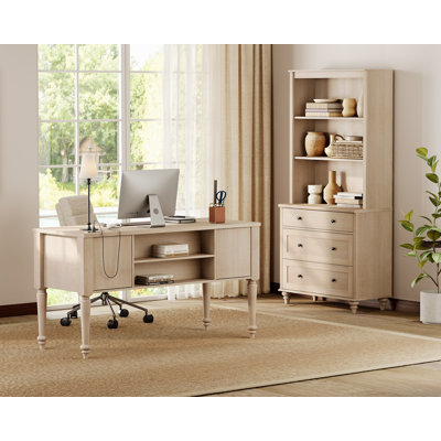 Ensemble de bureau 2 pièces, bureau double 56 "et bibliothèque avec tiroirs, beige