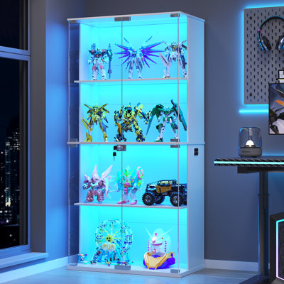 Display Cabinet With Glass Doors, 66" Lighted Display Case With 3 Color Lights, 4-tier Bookcase With Human Body Sensor