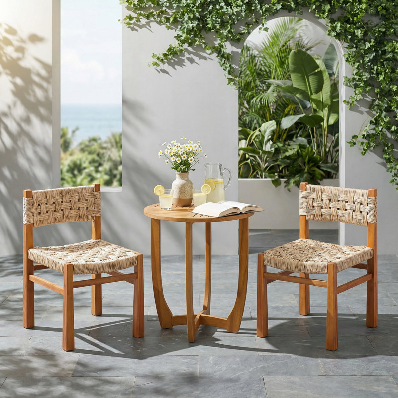 Hapeville Patio 3-Piece Acacia Wood Bistro Set With Hand-Woven Wicker, Light Gray Wicker/Teak