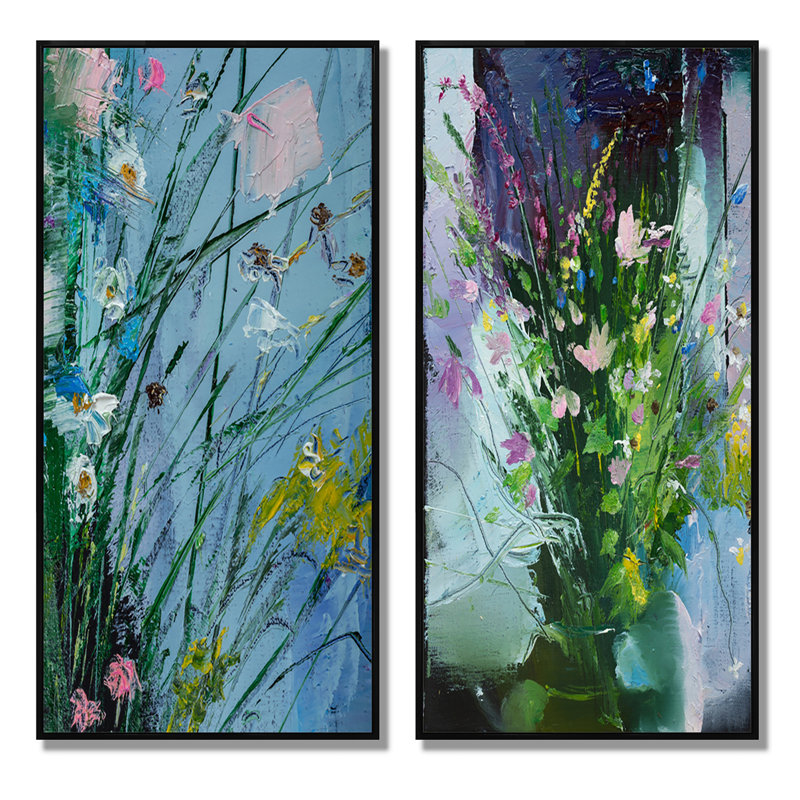 Fleurs abstraites jaunes et vertes - Ensemble de 2 peintures sur toiles, H 40 po x l 40 po x P 1 po, Cadre flottant noir