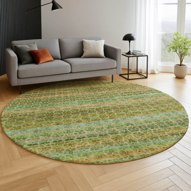 Premium Machine Washable Mayfield AMF2155 Striped Rug, Green, Round 8' 