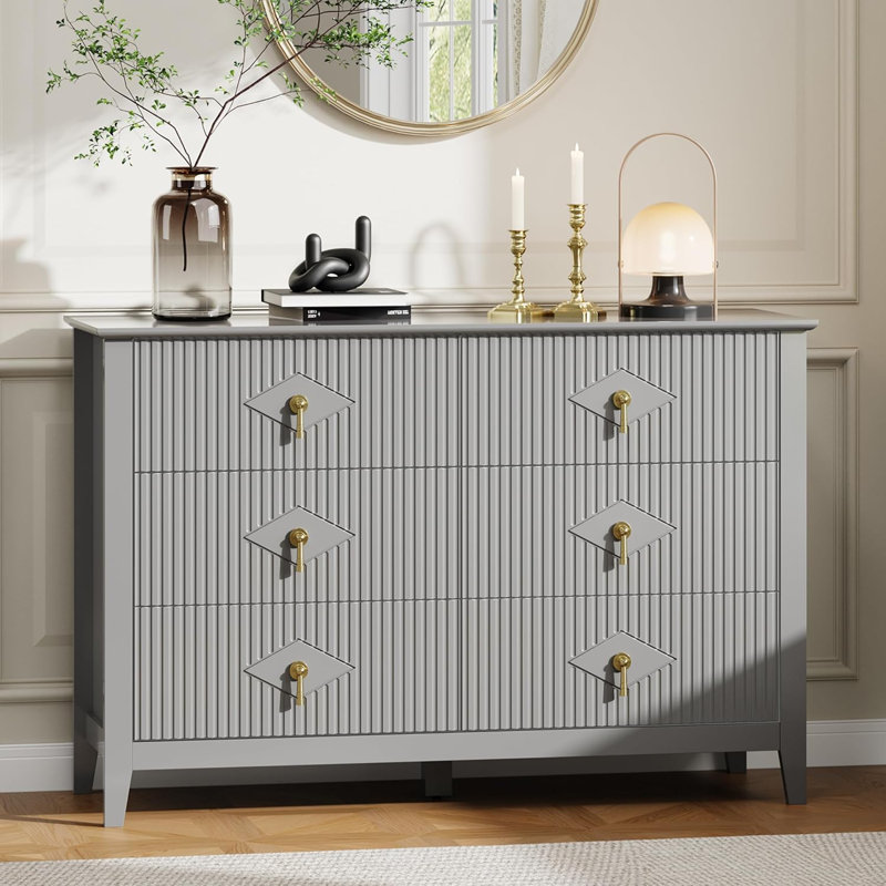 Commode 47 po en bois à 6 tiroirs pour chambre à coucher 47 po, Gris