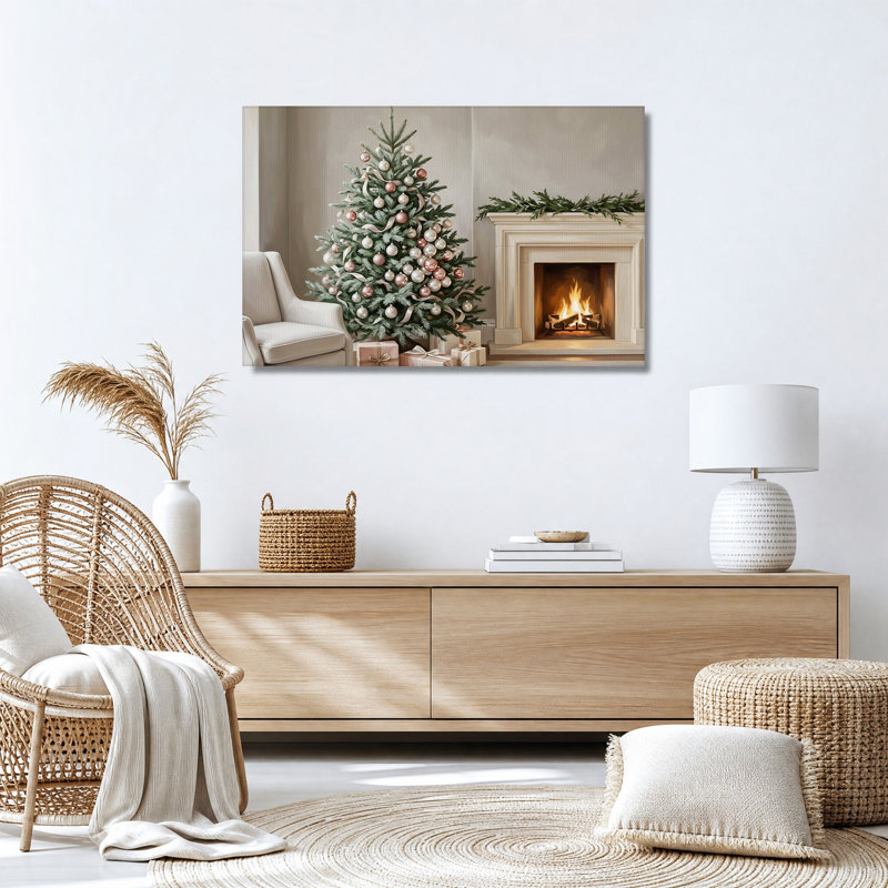 Arbre de Noël décoré avec cheminée et cadeaux, art mural sur toile, H 16 po x l 24 po