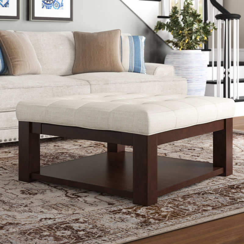 Arthuro Upholstered Ottoman, Heathered Beige Linen, Espresso