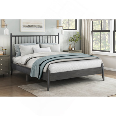 Mid-Century Modern Design Queen Platform Bed 1Pc Gray Finish Wooden Bedroom Furniture Vertical Slats Headboard, Bed In A Box