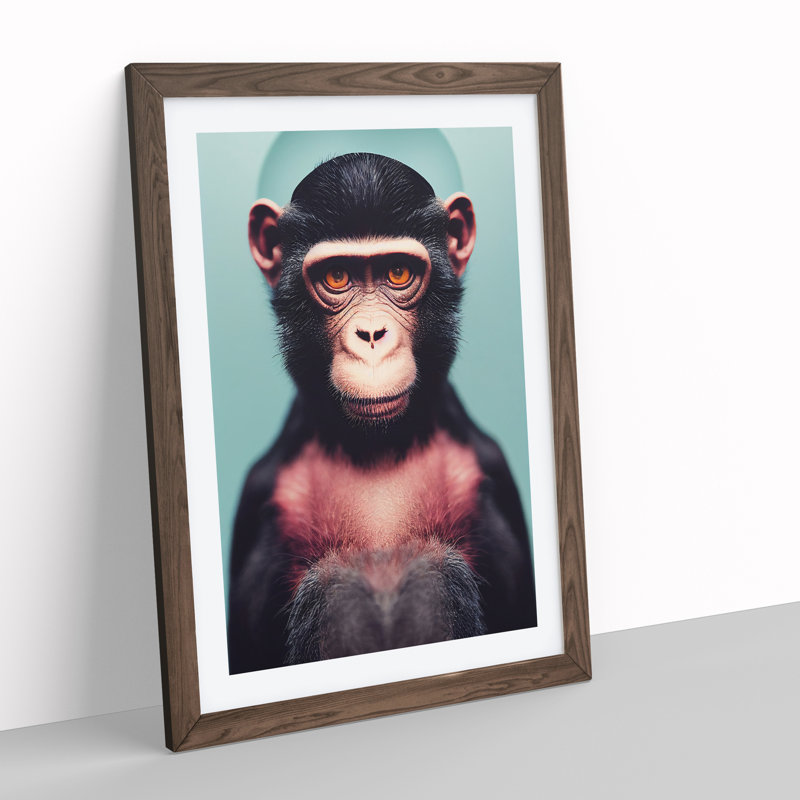 Remarkable Monkey - Wall Art, 48cm H x 36cm W, Walnut Framed, White