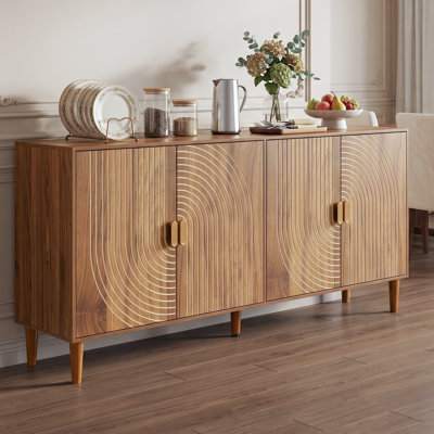 Buffet 62,6 pouces en noyer avec rangement, crédence à 4 portes avec détails rainurés verticaux, armoire d'appoint multifonctionnelle convenant à la salle à manger, au salon, au vestibule et à la cuisine