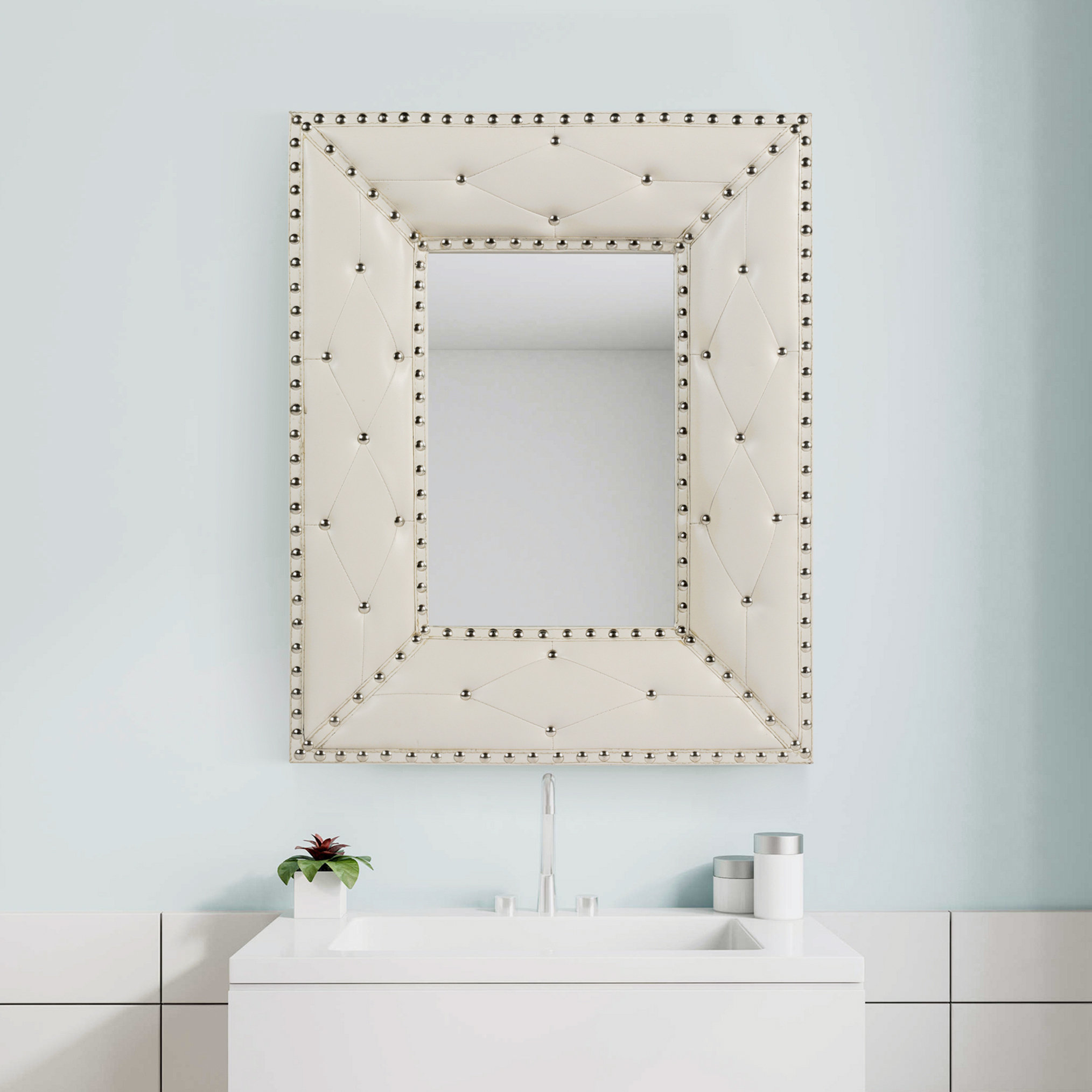 Mercer41 Wall Hanging Mirror,Rivet Decoration, PU Covered MDF Framed ...