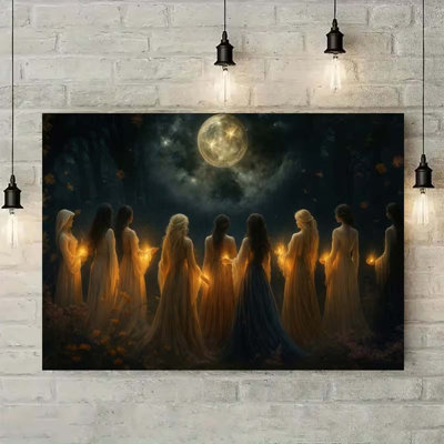 24*16，1pc Gothic Witch Under Moonlight Canvas Wall Art - Modern Fantasy Witch Coven Scene with Full Moon & Autumn Leaves.
