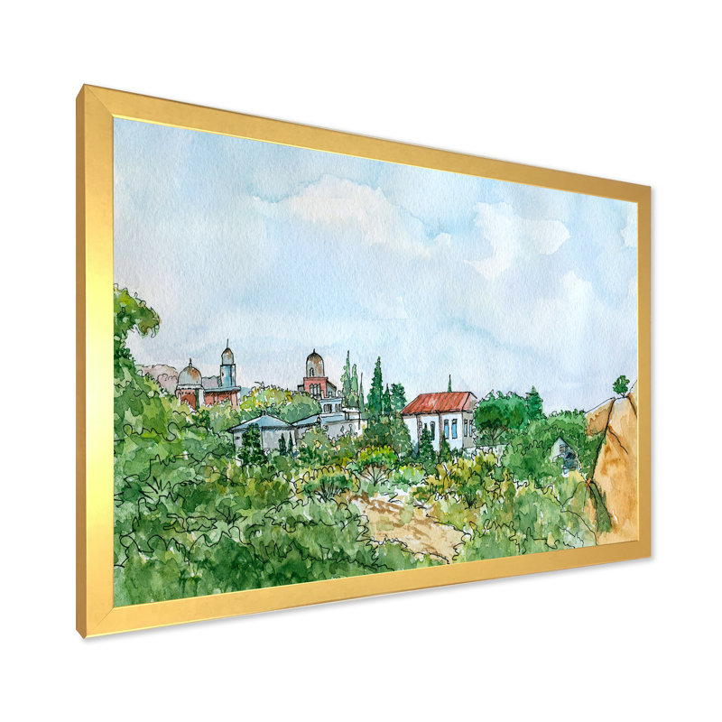 Maison blanche avec toit rouge à la campagne - Peinture sur toile, H 30 po x l 40 po x 1,5 po, Toile encadrée d'or