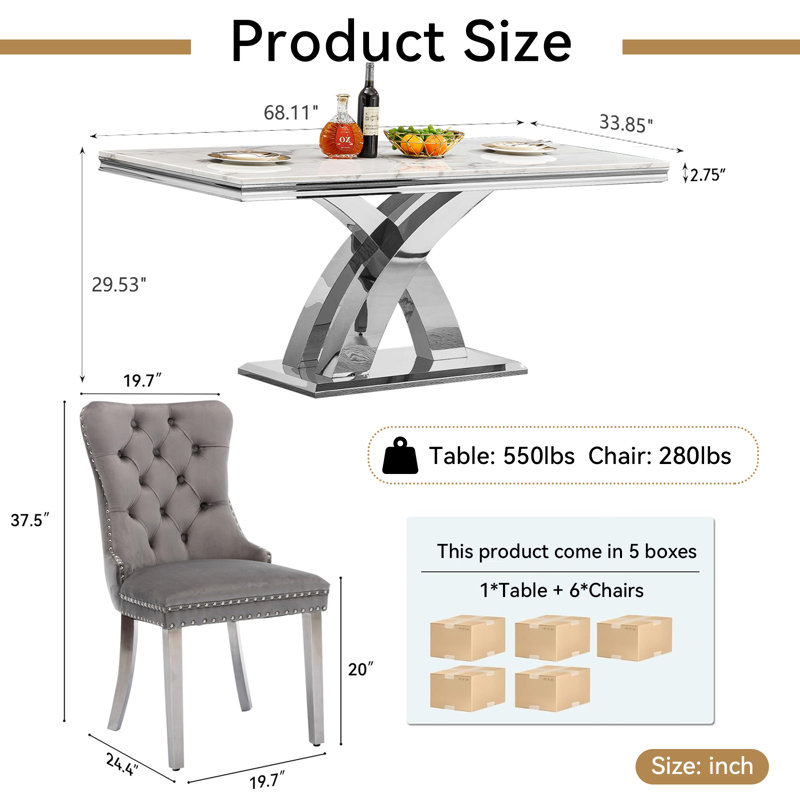 Modern 68.11" Faux Marble Dining Table Set , White Marble Dining Table with Velvet Dining Chairs, Dining Room Table and Chairs Set, Luxury Dining Table Set for Kitchen Dining